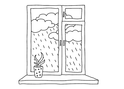 Een raam waardoor buiten regen en wolken te zien zijn. Op vensterbank staat plantje