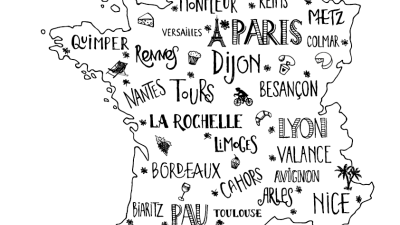 Getekend kaartje van Frankrijk met daarin de namen van steden in vrolijk 'handschrift'.